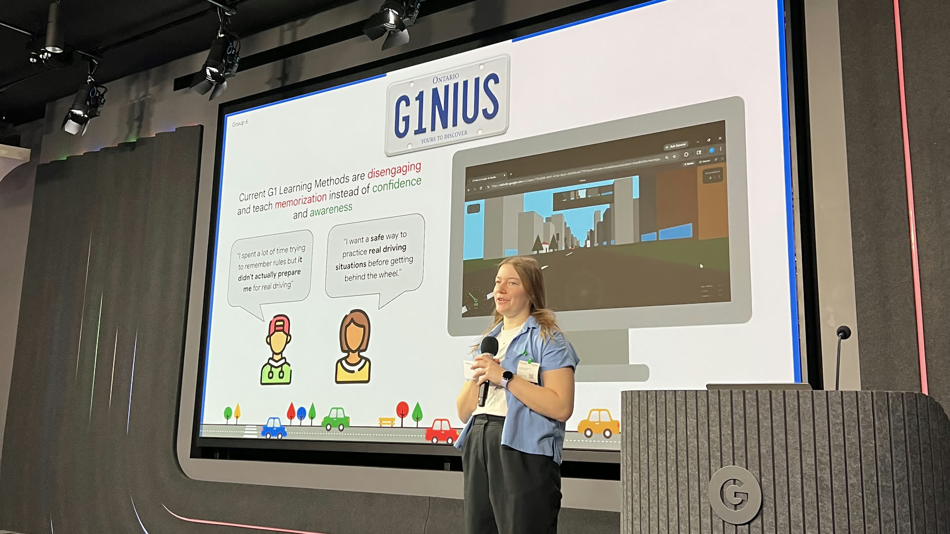 A student presenting the G1NIUS driving-test prototype on stage at Google’s Kitchener office.